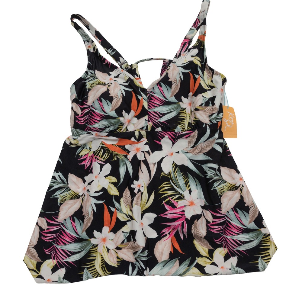NEW Kona Sol Tankini Top Women 2X Black Floral Handkerchief Hem Tropical Swim - Picture 3 of 9